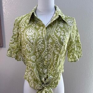 Green Paisley Tie-Front Top | Y2K Boho Summer Blouse